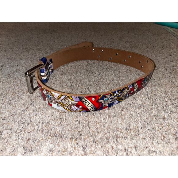 Ed Hardy True Love Belt White Stripes Rhinestone Medium Vintage Y2K - Picture 1 of 9